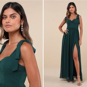 LULU's Prom Wedding Bridesmaid Flowy Romantic Chic Emerald Maxi Dress